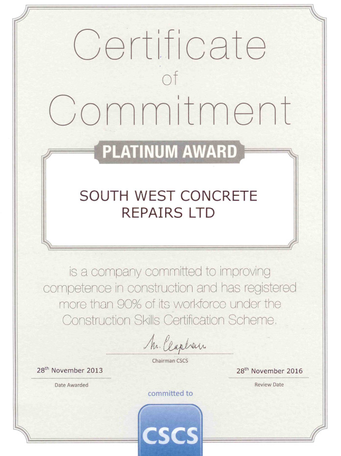 certificate commitment CSCS platinum award concrete repairs south west